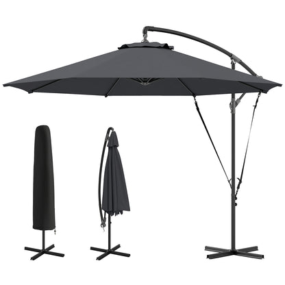 9.5' Cantilever Umbrella with Wind Protection Strap and Cover, Hanging Umbrella with Crank and Cross Base, UPF 50+, Grey