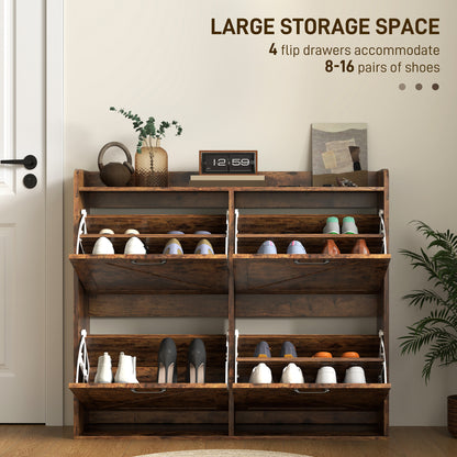 Narrow Shoe Storage Cabinet with 4 Flip Drawers, Adjustable Shelves, 16 Pair Farmhouse Shoe Cabinet, Rustic Brown