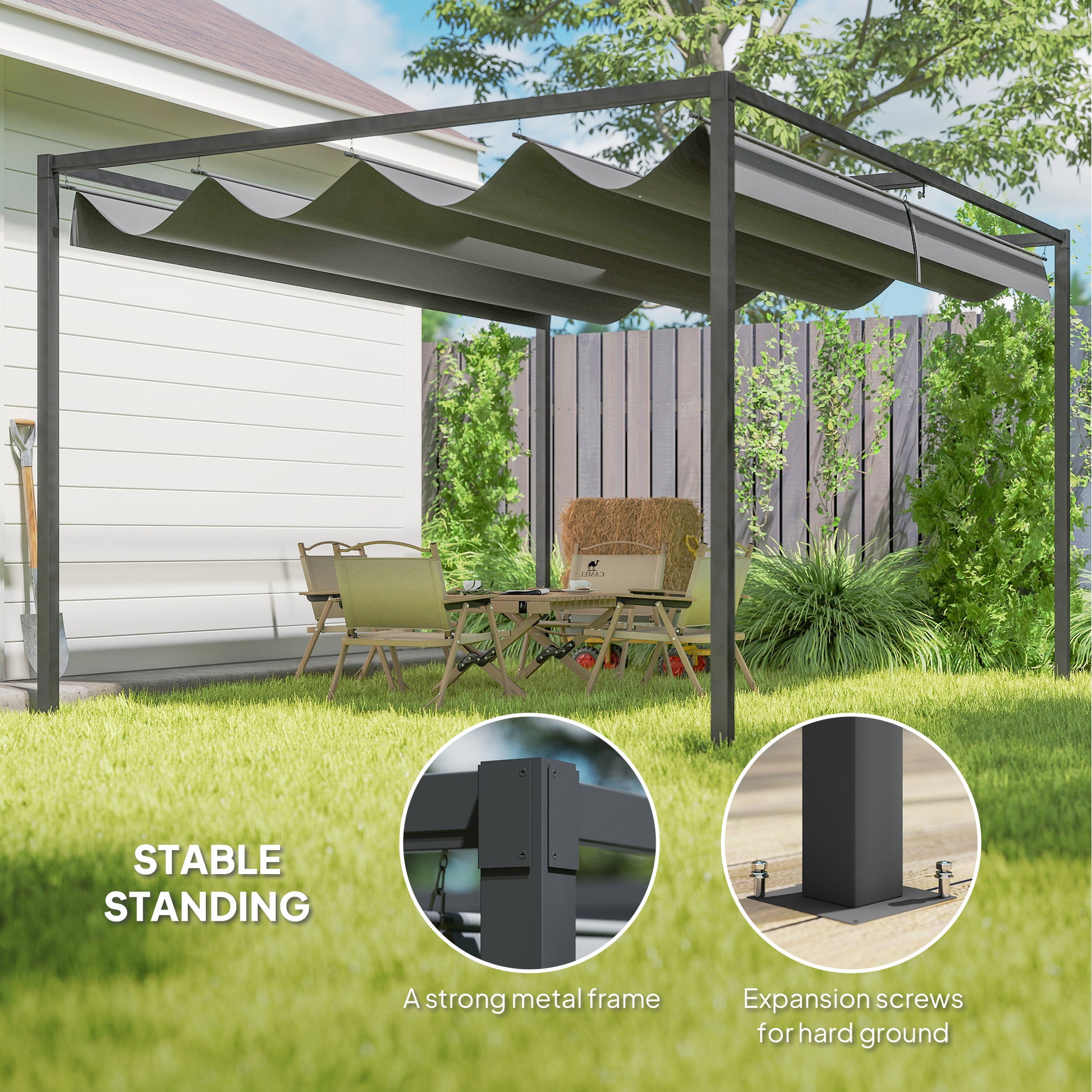 13' x 10' Patio Pergola with Retractable Canopy, Outdoor Sun Shelter, Yard Shade, Dark Grey
