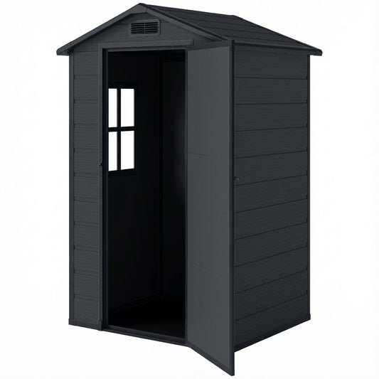 4' x 3' Plastic Garden Shed with Floor, Outdoor Small Shed with Lockable Door, Window and Vent, Dark Grey