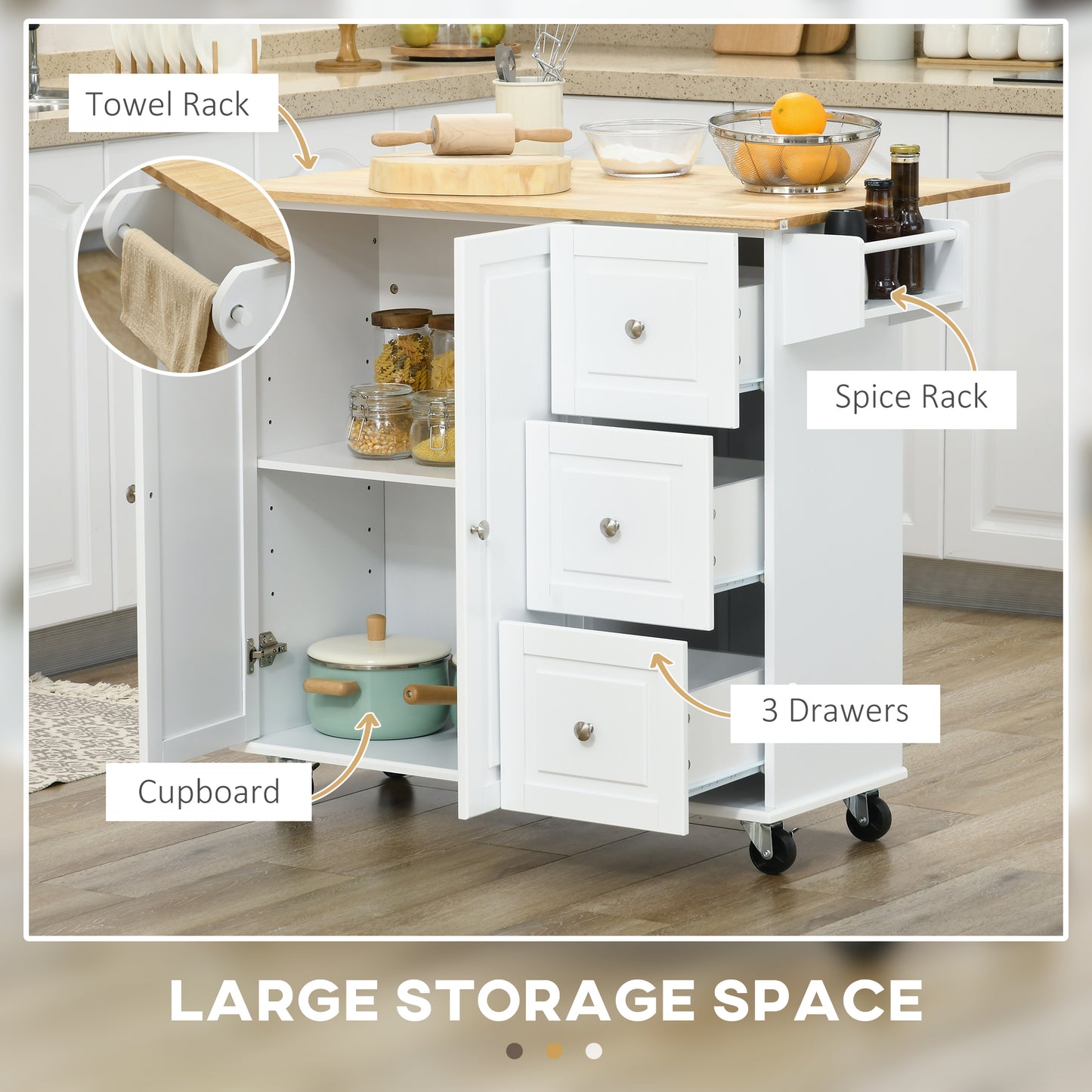 Kitchen Island on Wheels, Kitchen Cart with Drop Leaf, Drawers, White