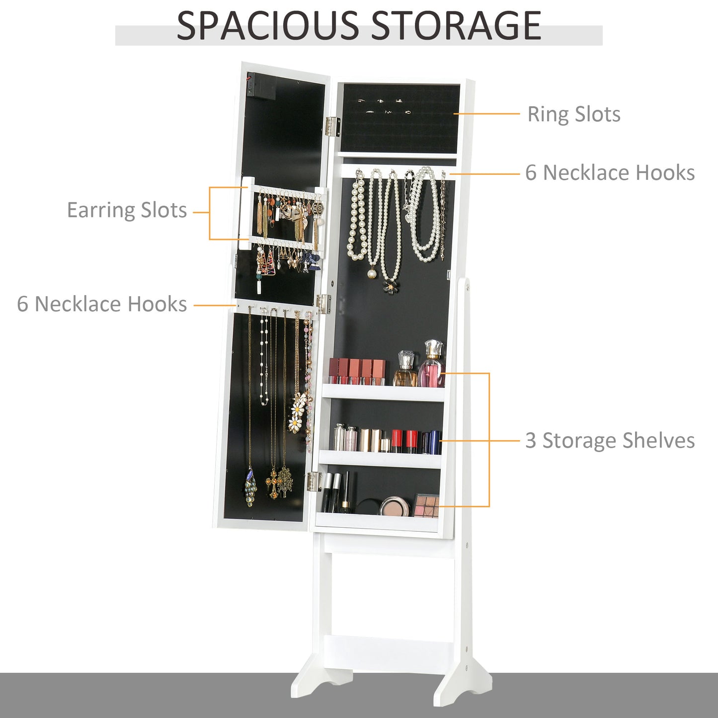 Free Standing Armoire Organizer, Lighted Mirrored Jewelry Cabinet w/ Angle Adjustable & 16 LED Lights Warm White