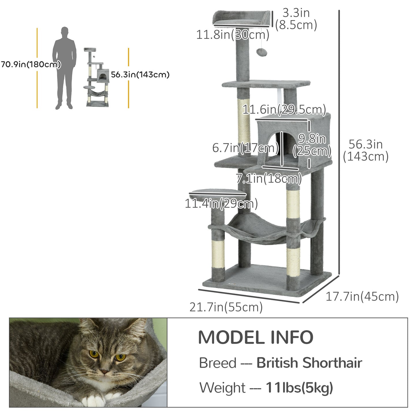 Tall Cat Tree for Indoor Cats, 56" Multi-Level Cat Tower with Hammock, Cat Bed, Cat Condo with Sisal Scratching Posts, G