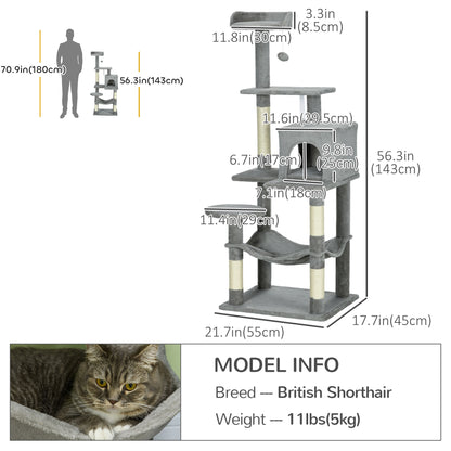 Tall Cat Tree for Indoor Cats, 56" Multi-Level Cat Tower with Hammock, Cat Bed, Cat Condo with Sisal Scratching Posts, G