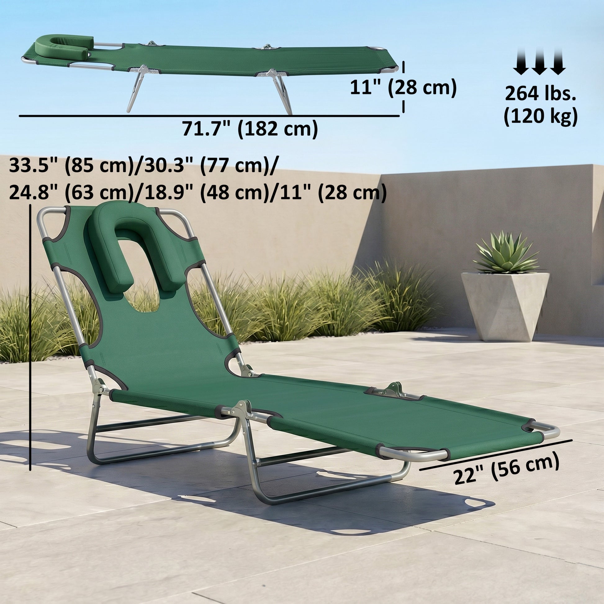 Folding Lounge Chair Outdoor, Tanning Chair with Face Hole Arm Slots, Beach Chaise Lounger with Pillow, 5-Position Adjus