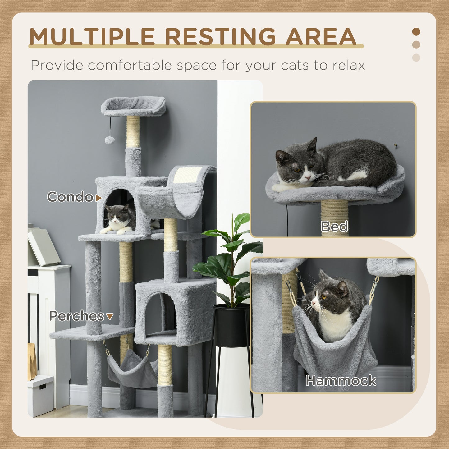 Tall Cat Tree for Indoor Cats, 70" Multi-Level Cat Tower with Hammock, Cat Bed, Cat Condo with Sisal Scratching Posts, B