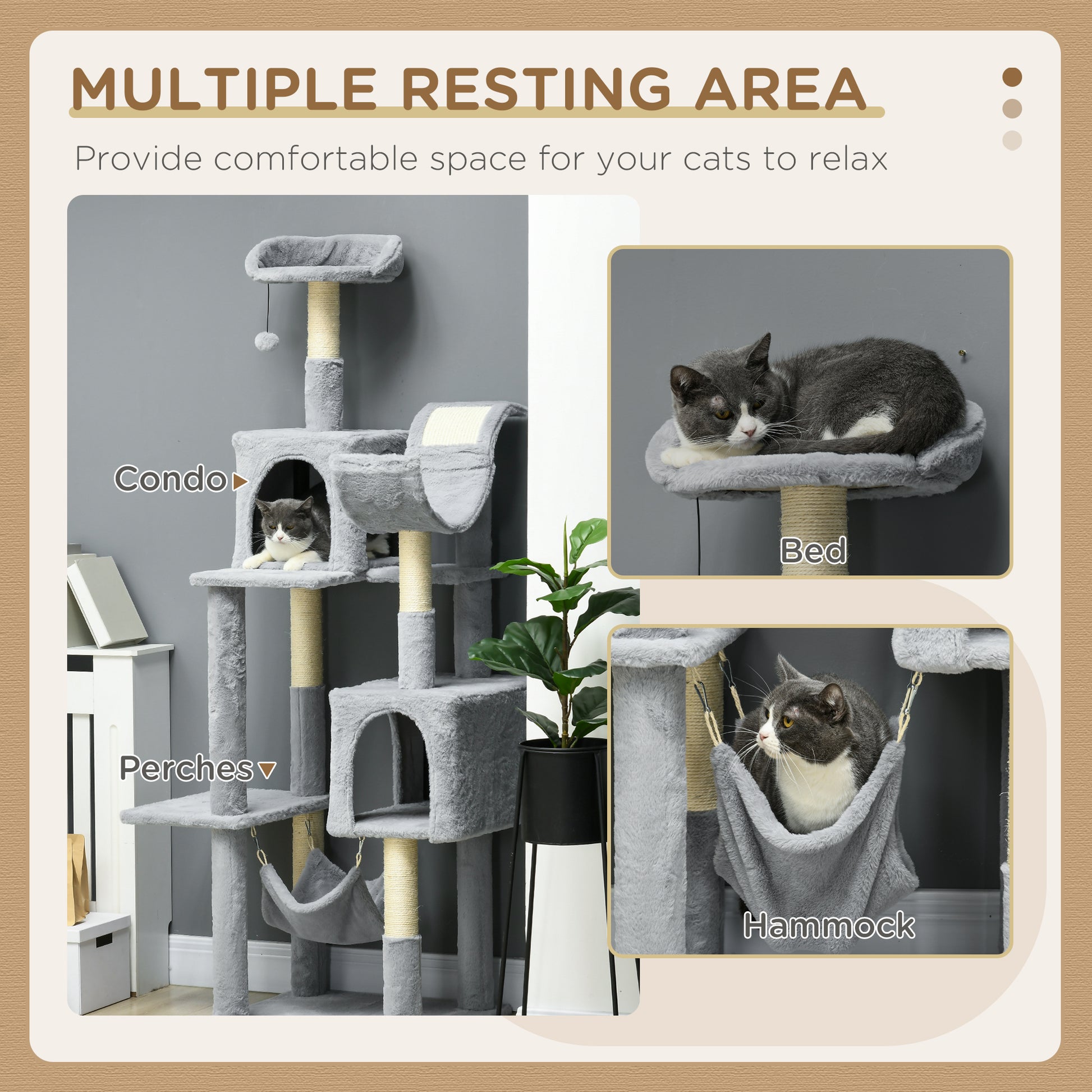 Tall Cat Tree for Indoor Cats, 70" Multi-Level Cat Tower with Hammock, Cat Bed, Cat Condo with Sisal Scratching Posts, B