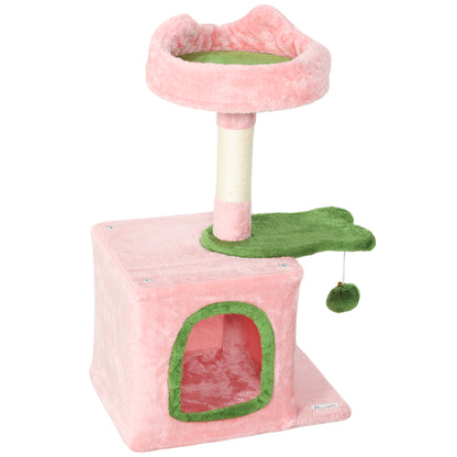 28" Cat Tree Tower with Plush Top Bed, Cozy Condo, Sisal Scratching Post, Perch, Dangling Ball, Pink & Green