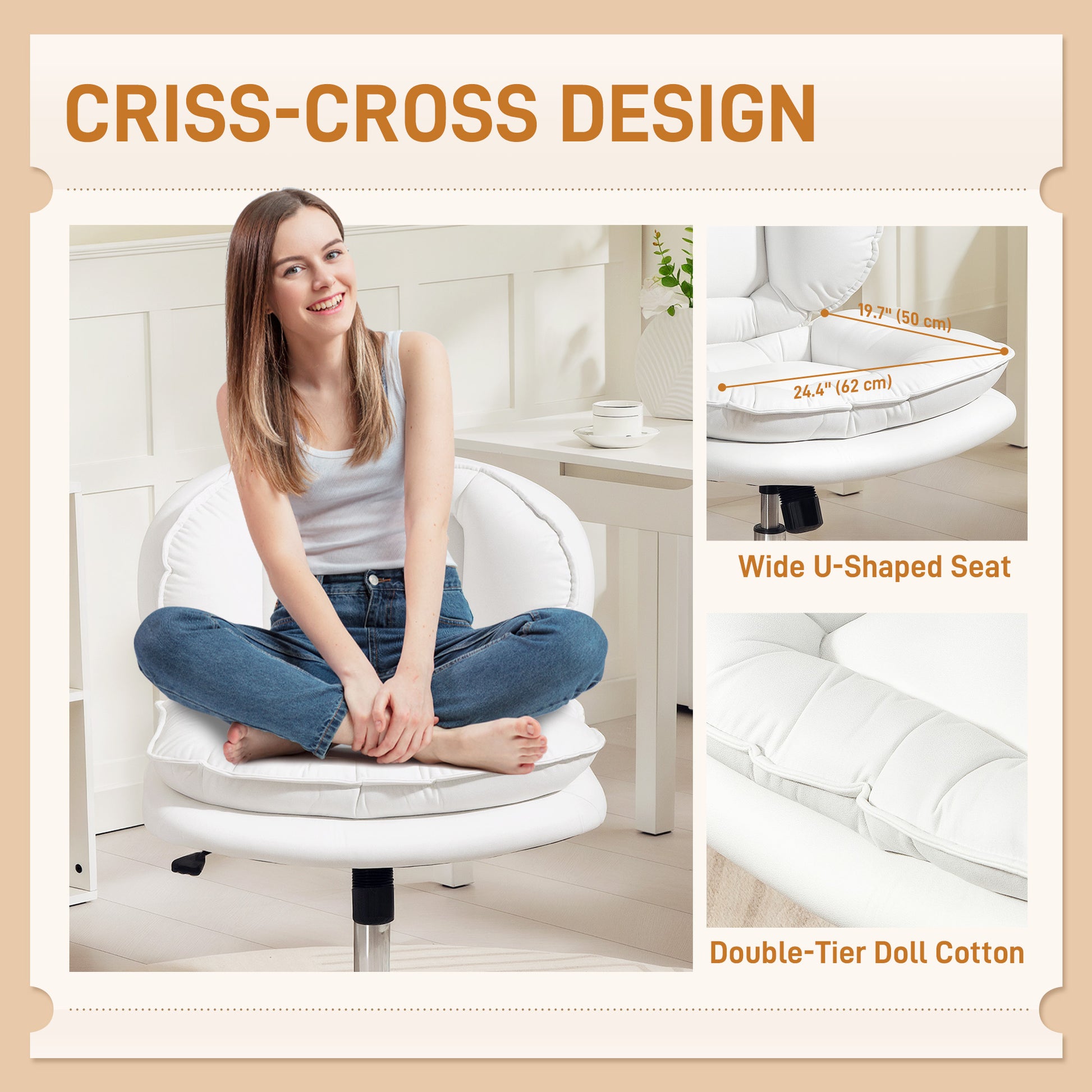 Criss Cross Chair, Swivel Wide Office Chair with Leathaire Upholstery, Tilting, No Arm, White