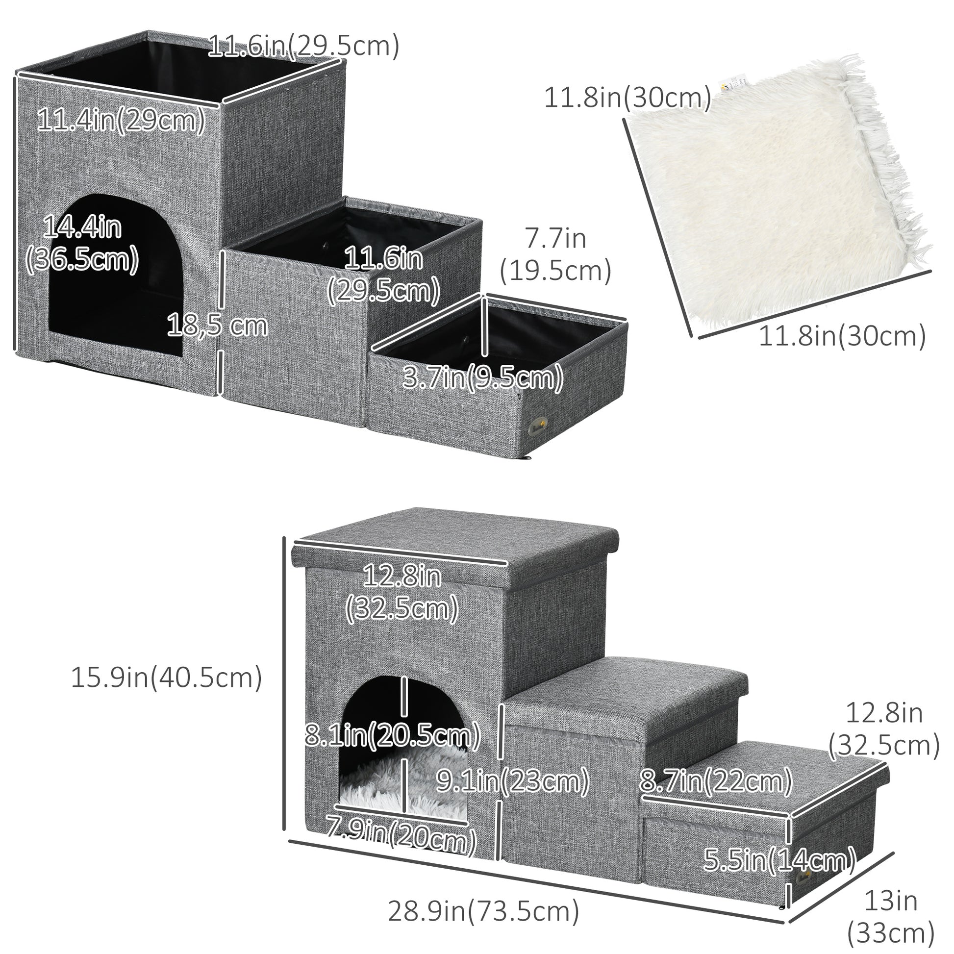 Dog Ramp with Storage Boxes and Condo, 3-step Pet Stairs for High Beds and Couch with Washable Plush Cushion