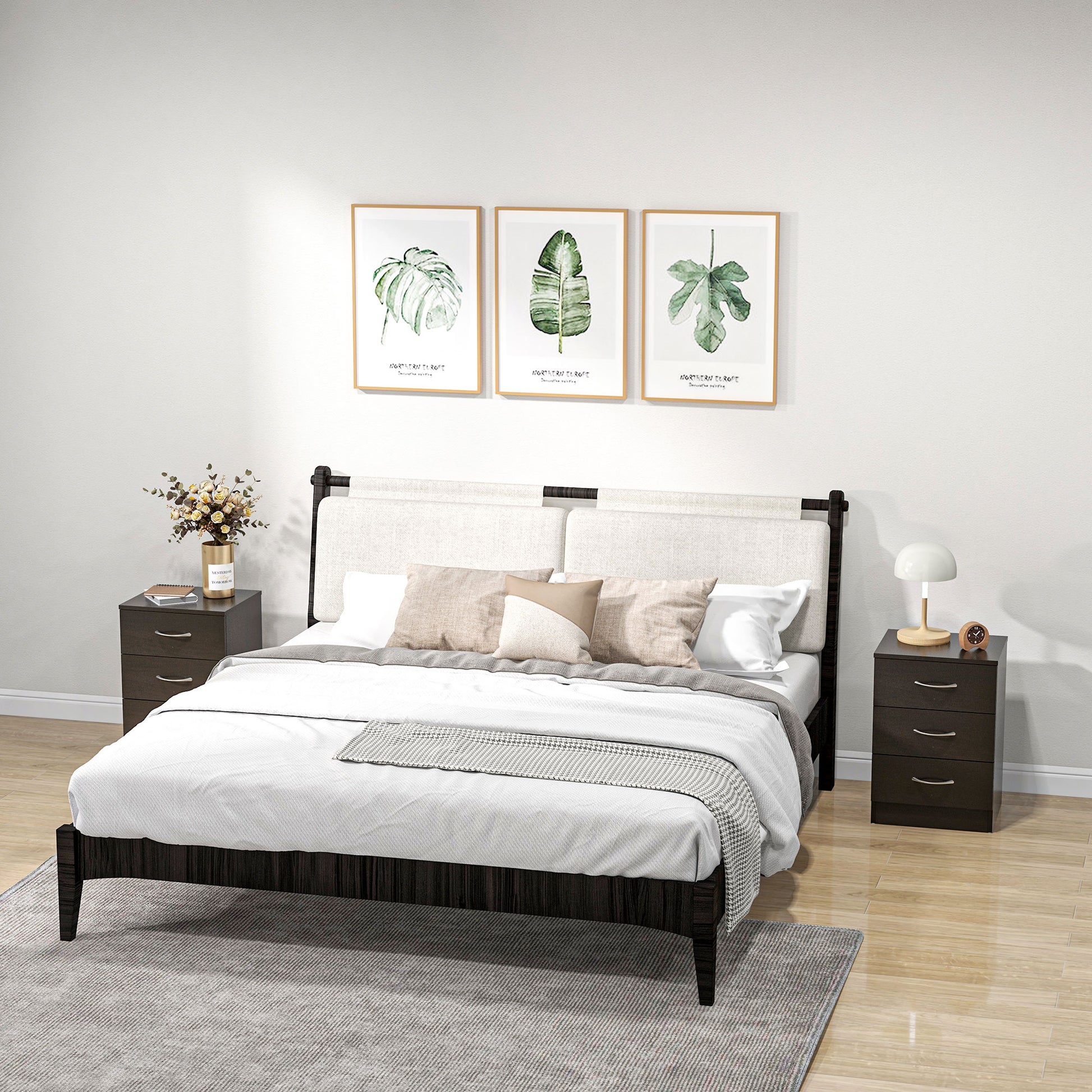 Bedside Table with 3 Drawers, Modern Wood Nightstand, Side Table with Anti-tipping Design for Bedroom, Set of 2, Dark Br