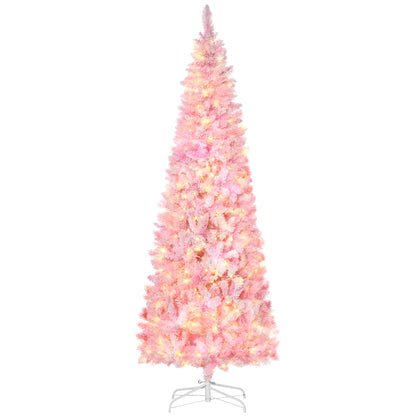 7.5 Foot Prelit Snow Flocked Artificial Christmas Tree with Pencil Shape, 700 Pine Realistic Branches, Warm White LED li