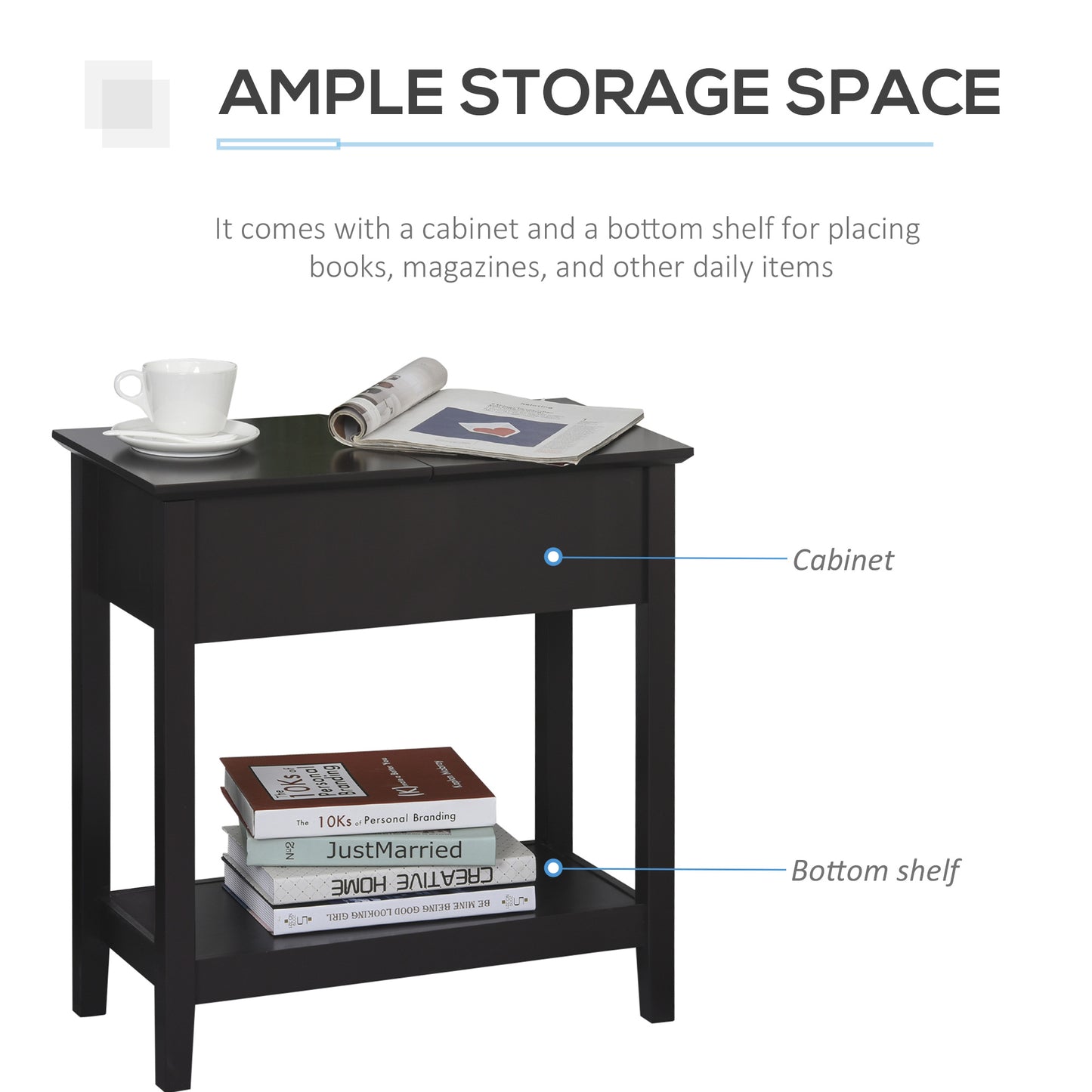 End Side Table in Flip Top Design with Cabinet and Bottom Shelf, Storage Furniture Decoration for Bedroom Living Room Of