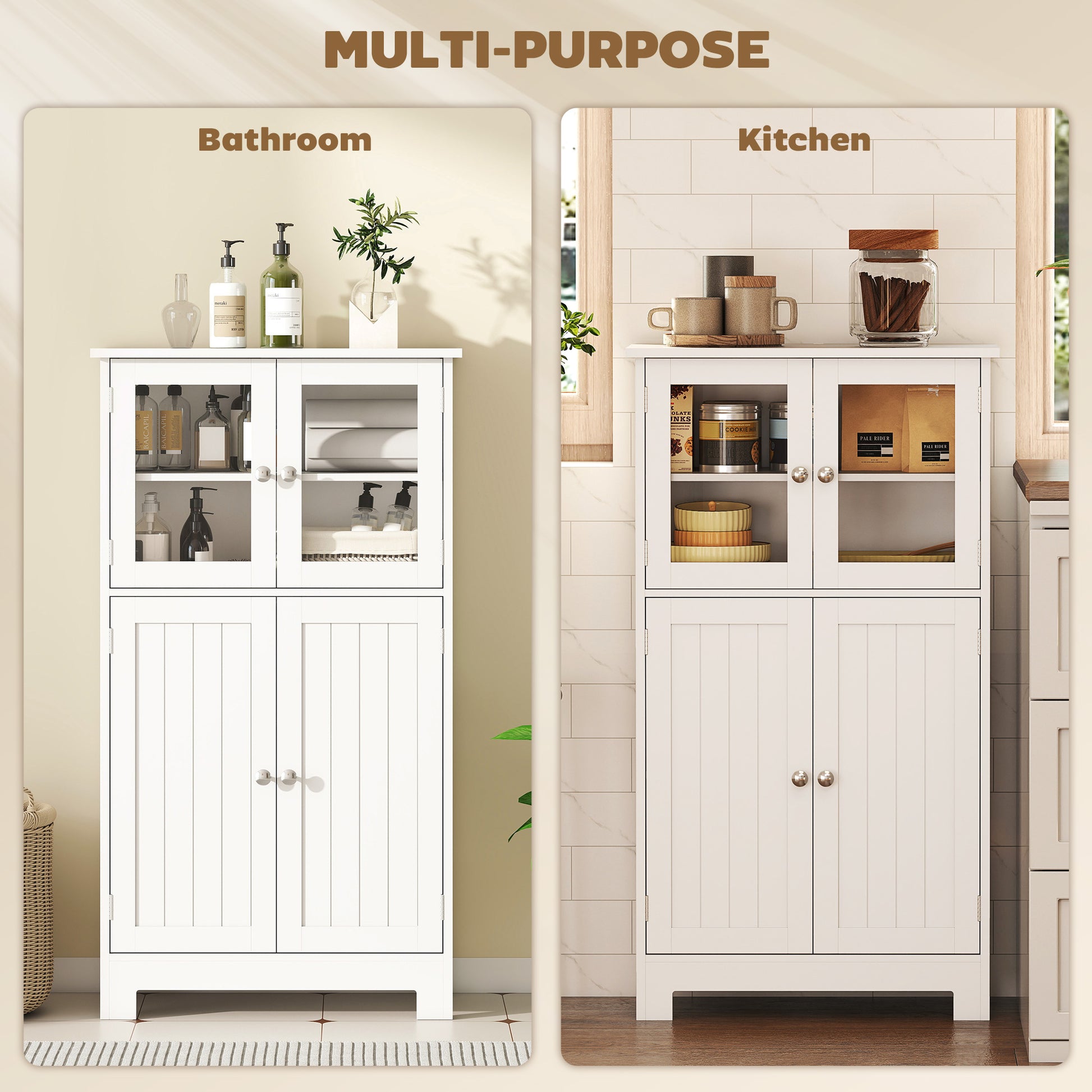 Bathroom Floor Storage Cabinet with Tempered Glass Doors and Adjustable Shelf, Kitchen Cupboard, Free Standing Organizer