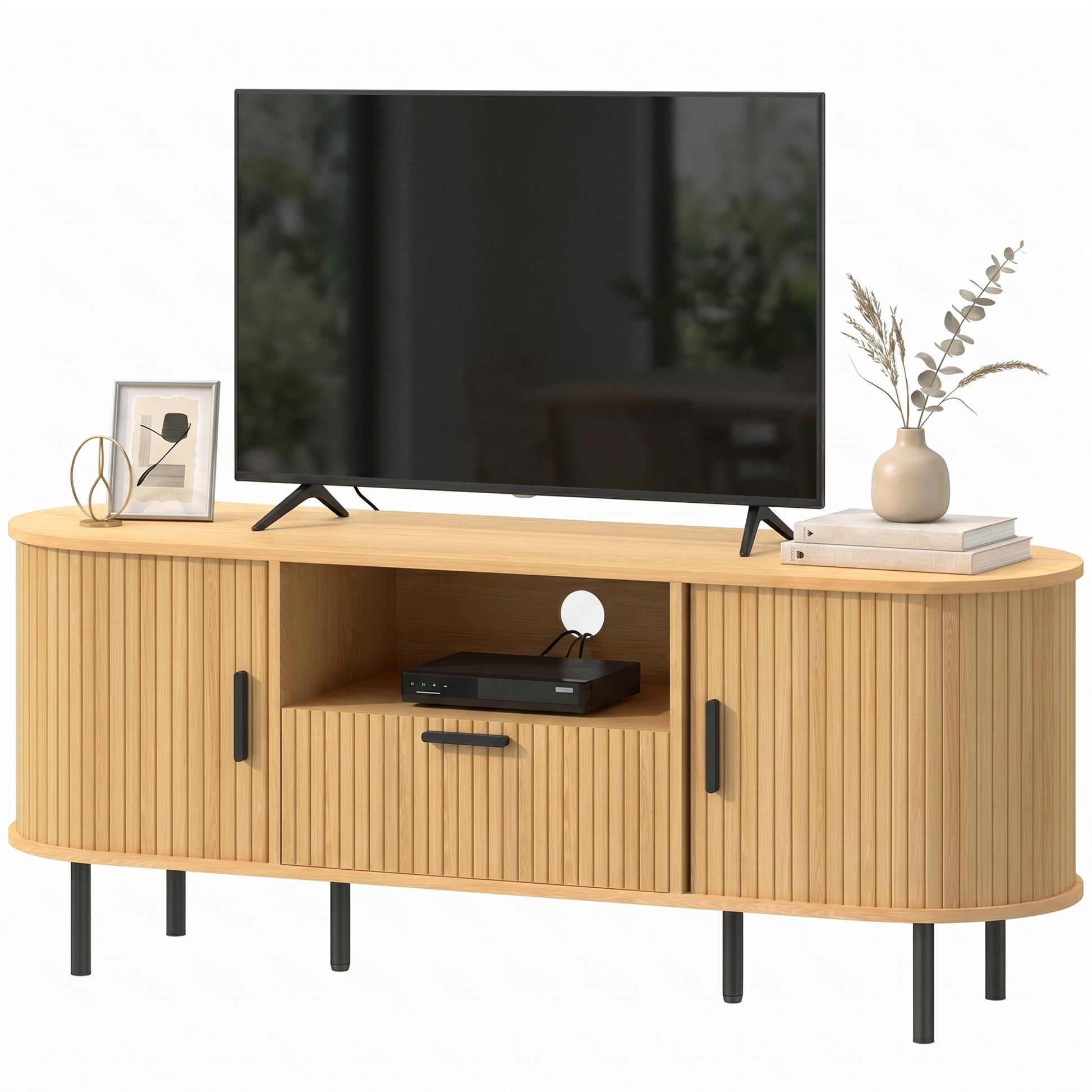TV Stand for TVs up to 60", Modern Entertainment Center with Curved Sliding Doors and Storage, Natural Wood