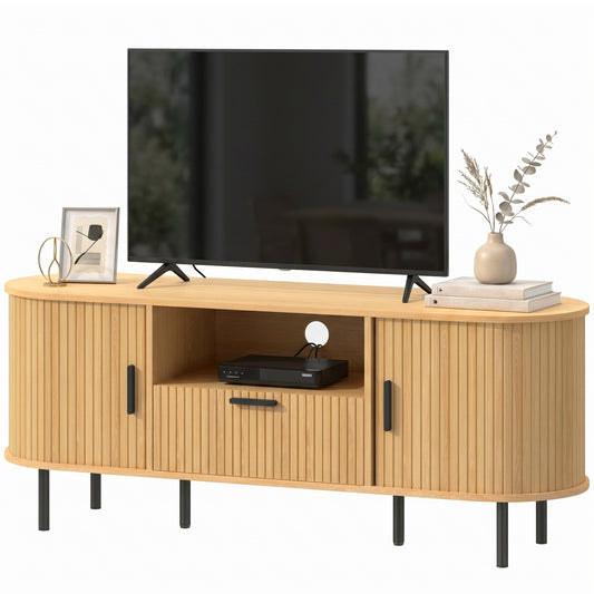 TV Stand for TVs up to 60", Modern Entertainment Center with Curved Sliding Doors and Storage, Natural Wood