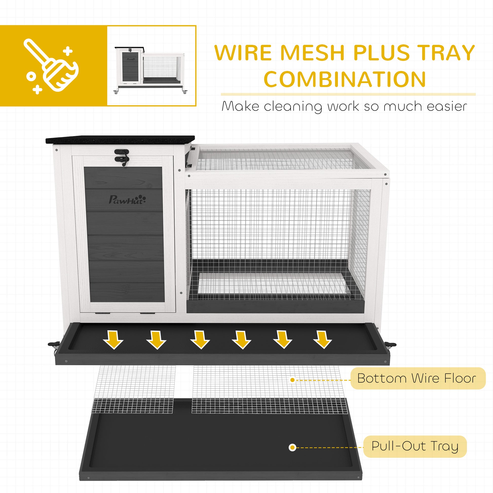 Wooden Rabbit Hutch with Pull-Out Tray, Asphalt Openable Roof, Small Animal Cage on Wheels with Run, Grey