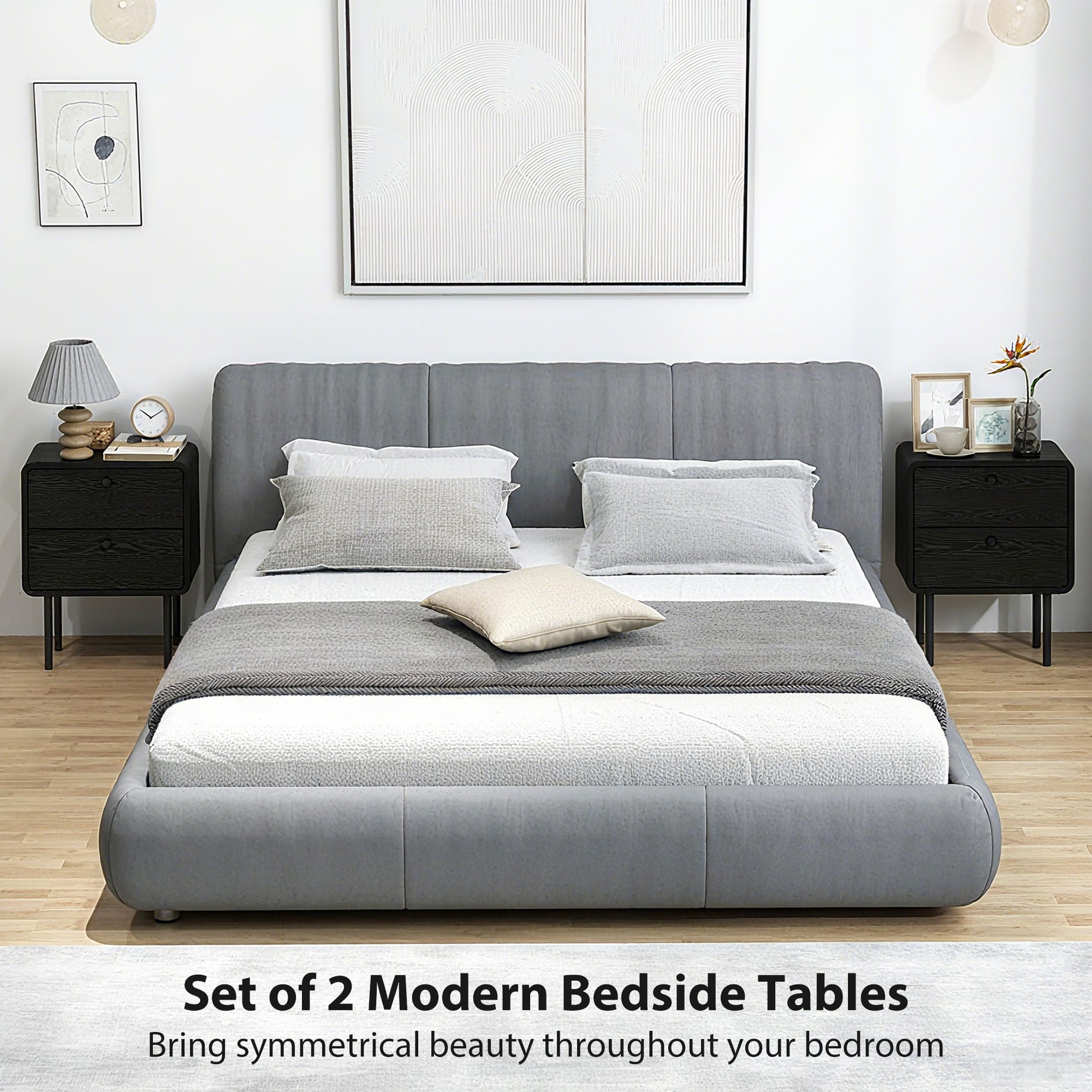 Modern Bedside Tables Set of 2, 2 Pieces Nightstands with 2 Storage Drawers and Steel Legs for Bedroom, Black Wood Grain
