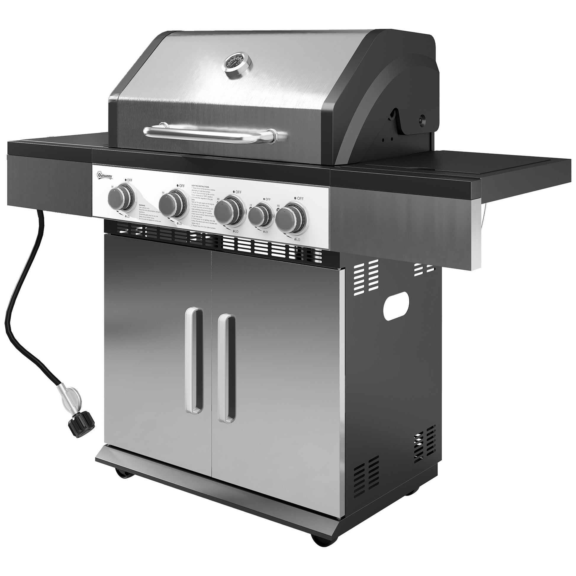 4+1 Burner Liquid Propane Gas Grill Outdoor Portable BBQ with Side Burner, Warming Rack, Side Shelf, Storage Cabinet, Th