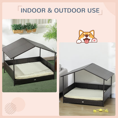 Rattan Dog House with Canopy, Wicker Dog Bed with Water-Resistant Cushion, for Small and Medium Breeds Cream White