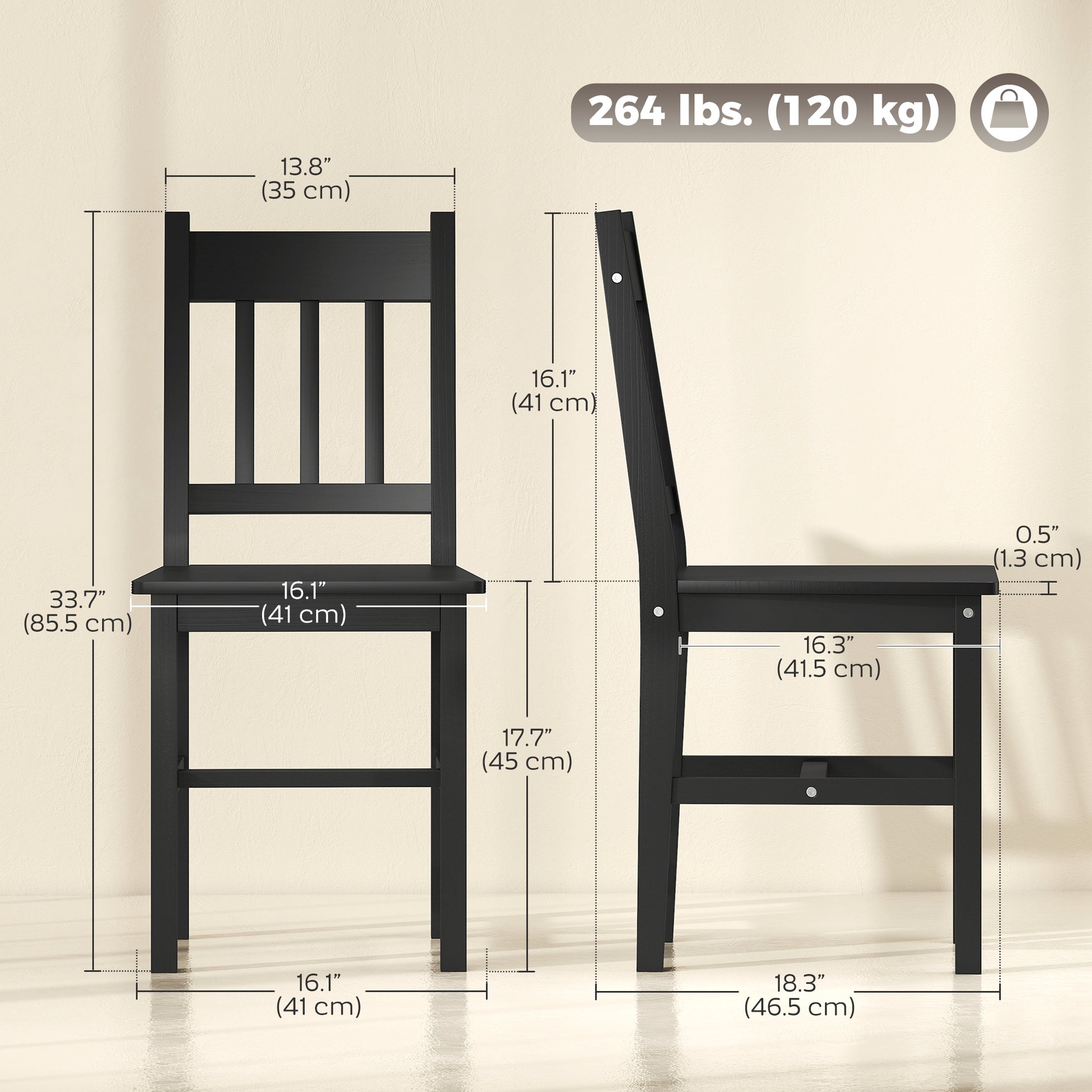 Dining Chairs Set of 2, Kitchen Chair with Slat Back, Pine Wood Structure for Living Room and Dining Room, Black