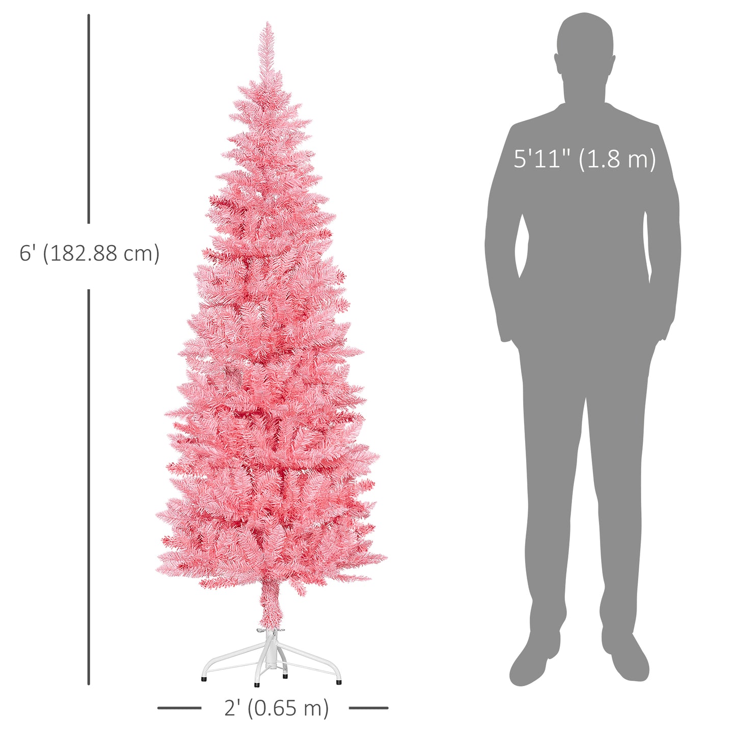 6ft Tall Pencil Artificial Christmas Tree with 479 Branch Tips with Steel Base, Pink