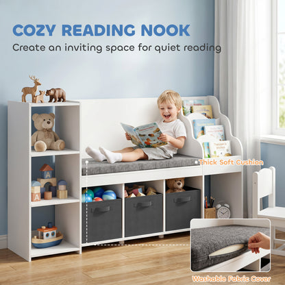 Qaba Kids Storage Shelf with Reading Nook, Toy Storage Organizer with Seat Cushion, 3 Fabric Drawers for Playroom, Nurse
