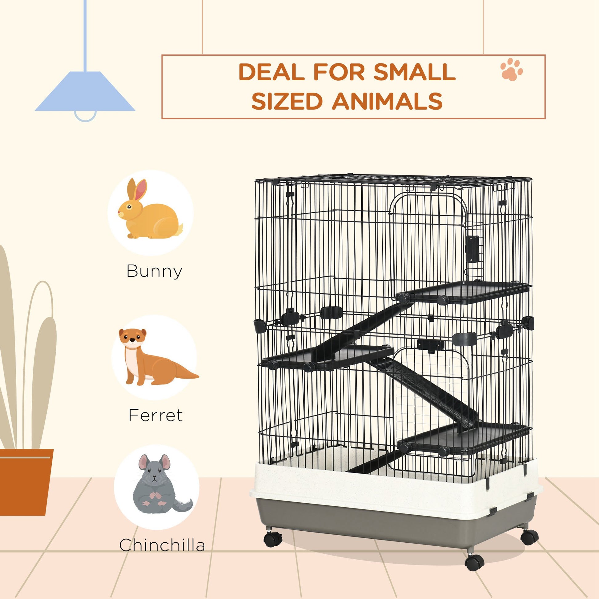 45"H Guinea Pig Cage, 4-Level Rabbit Cage for Ferret, Chinchilla, Hedghog, Bunny, Small Animal Habitat with Wheels, Slid