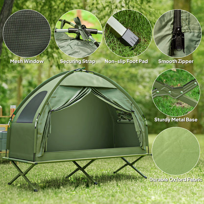 Compact Pop Up Portable Folding Outdoor Elevated Camping Cot Tent Combo Set Dark Green