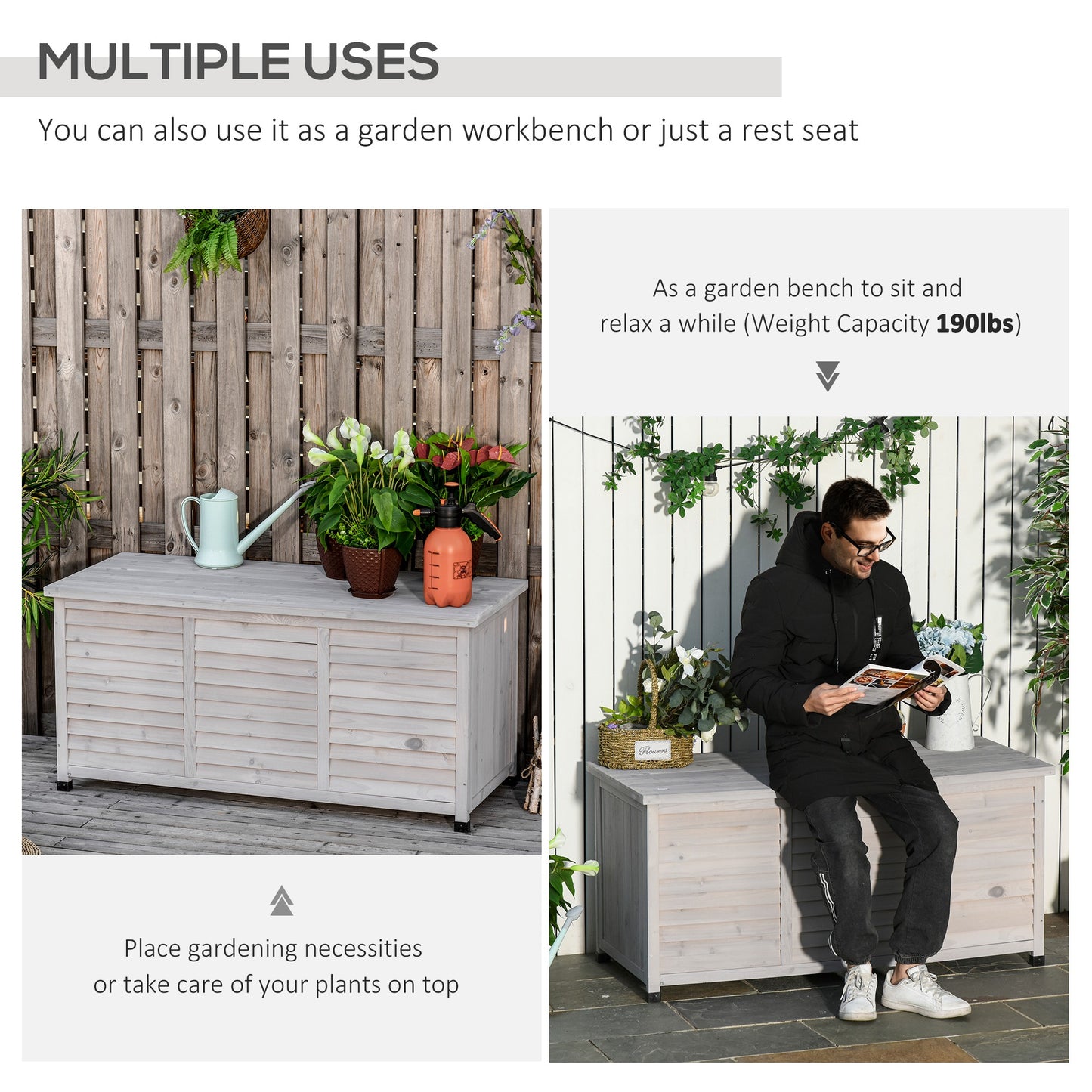 75 Gallon Wooden Storage Box patio Deck Box Bench, Garden Backyard Outdoor Storage Container with Aerating Gap & Weather