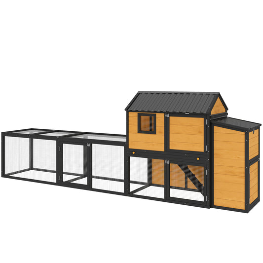 Large Chicken Coop, 134"L Wooden Chicken House with Run, Nesting Box, Slide-Out Tray, Waterproof Roof and Ramp