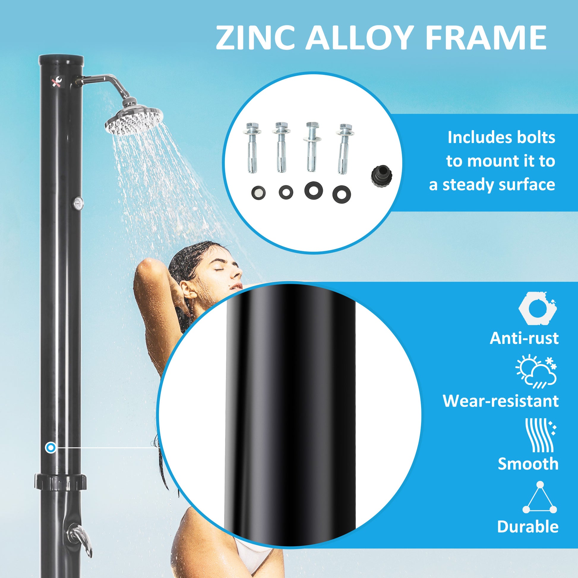 5.3 Gallons Solar Shower with Rotating Rainfall, Temperature Adjustment, 2 Section Outdoor Shower for Backyard, Black