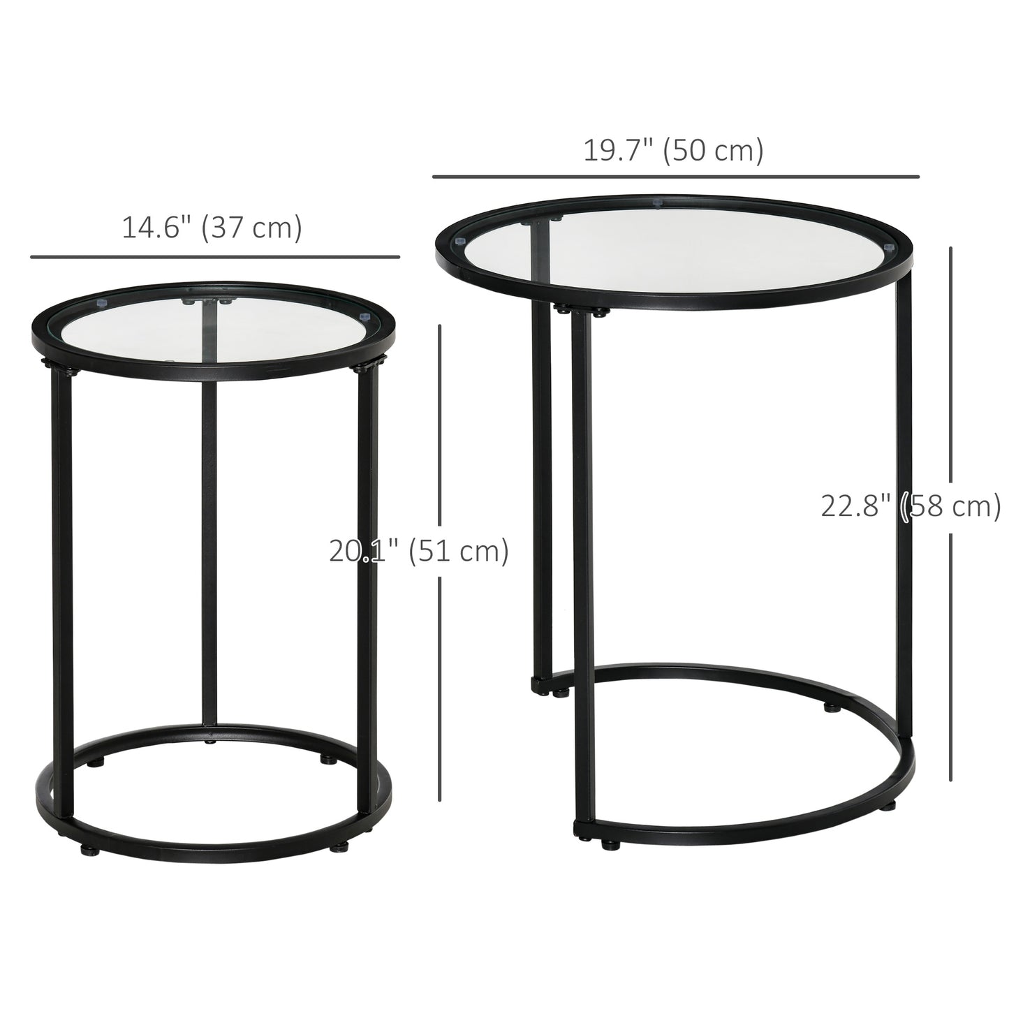 Set of 2 Nesting Coffee Tables with Metal Base, Round Side Table with Tempered Glass Tabletop for Living Room, Bedroom, 