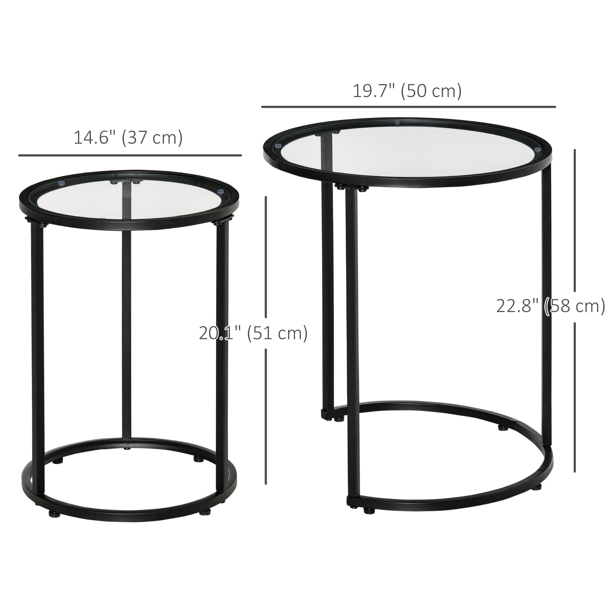 Set of 2 Nesting Coffee Tables with Metal Base, Round Side Table with Tempered Glass Tabletop for Living Room, Bedroom, 