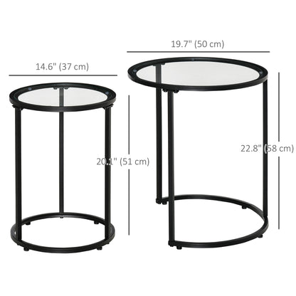 Set of 2 Nesting Coffee Tables with Metal Base, Round Side Table with Tempered Glass Tabletop for Living Room, Bedroom, 