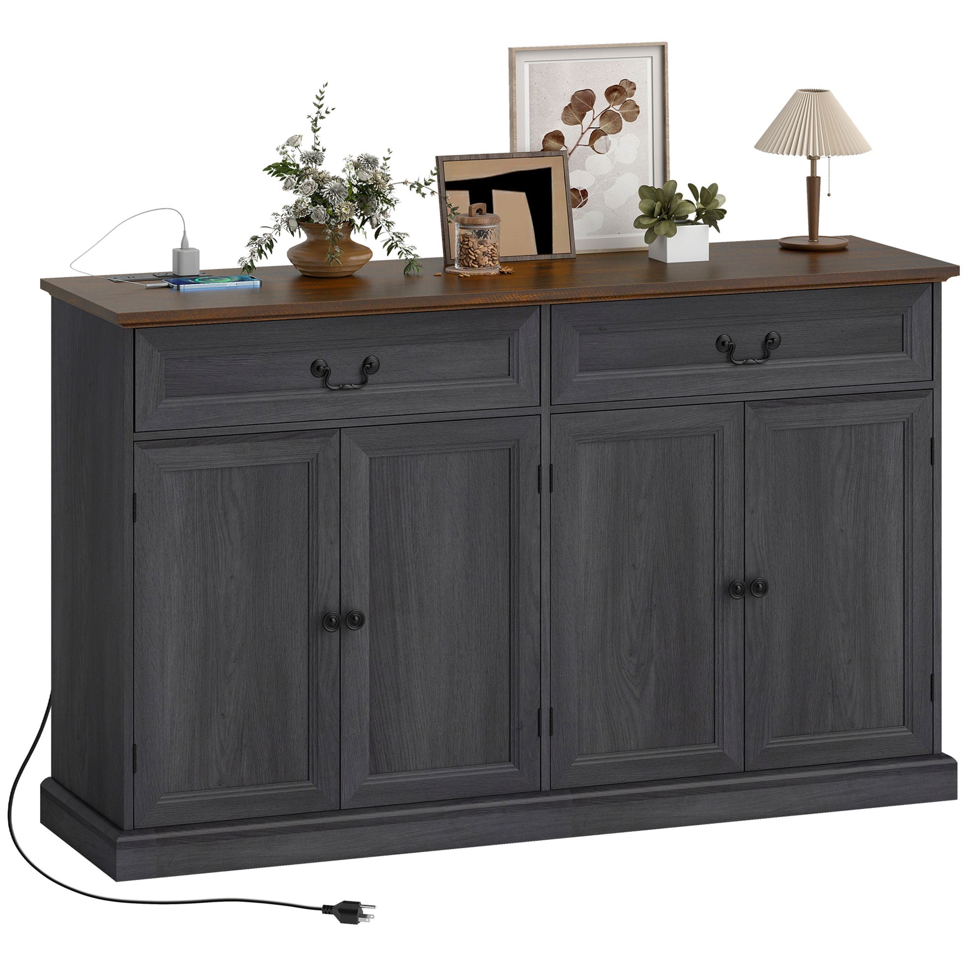 55" Farmhouse Sideboard Buffet Cabinet with Charging Station, 2 Drawers and 2 Adjustable Shelves, Black Wood Grain