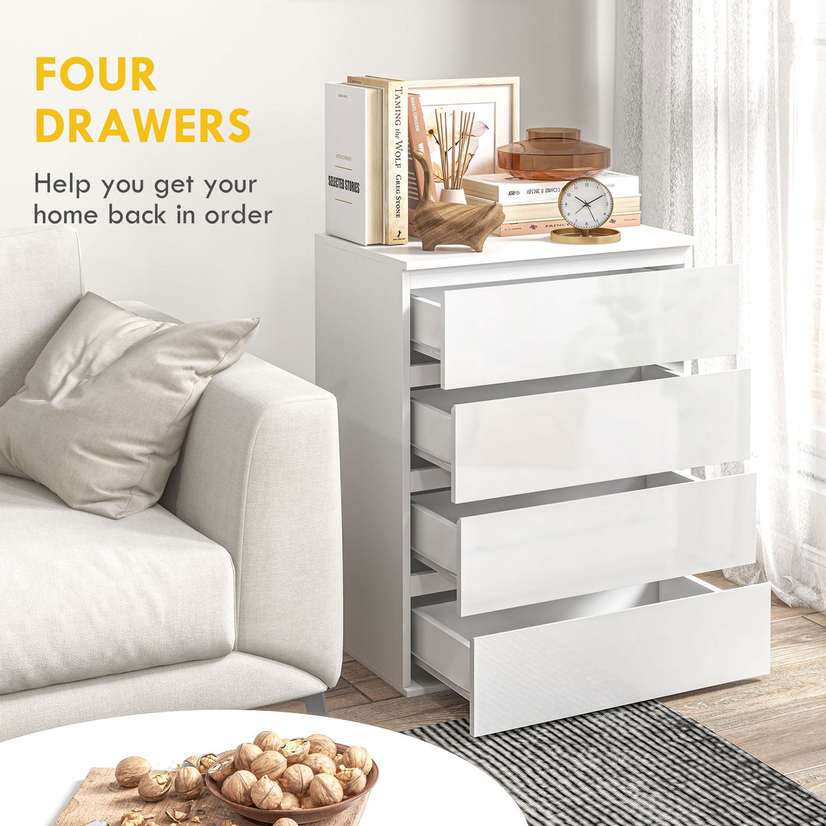 4 Drawer Cabinet, High Gloss Drawer Chest for Bedroom, Chest of Drawers with Metal Runners and Groove Handles, White