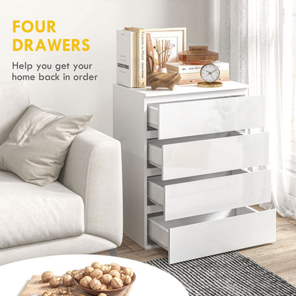 4 Drawer Cabinet, High Gloss Drawer Chest for Bedroom, Chest of Drawers with Metal Runners and Groove Handles, White