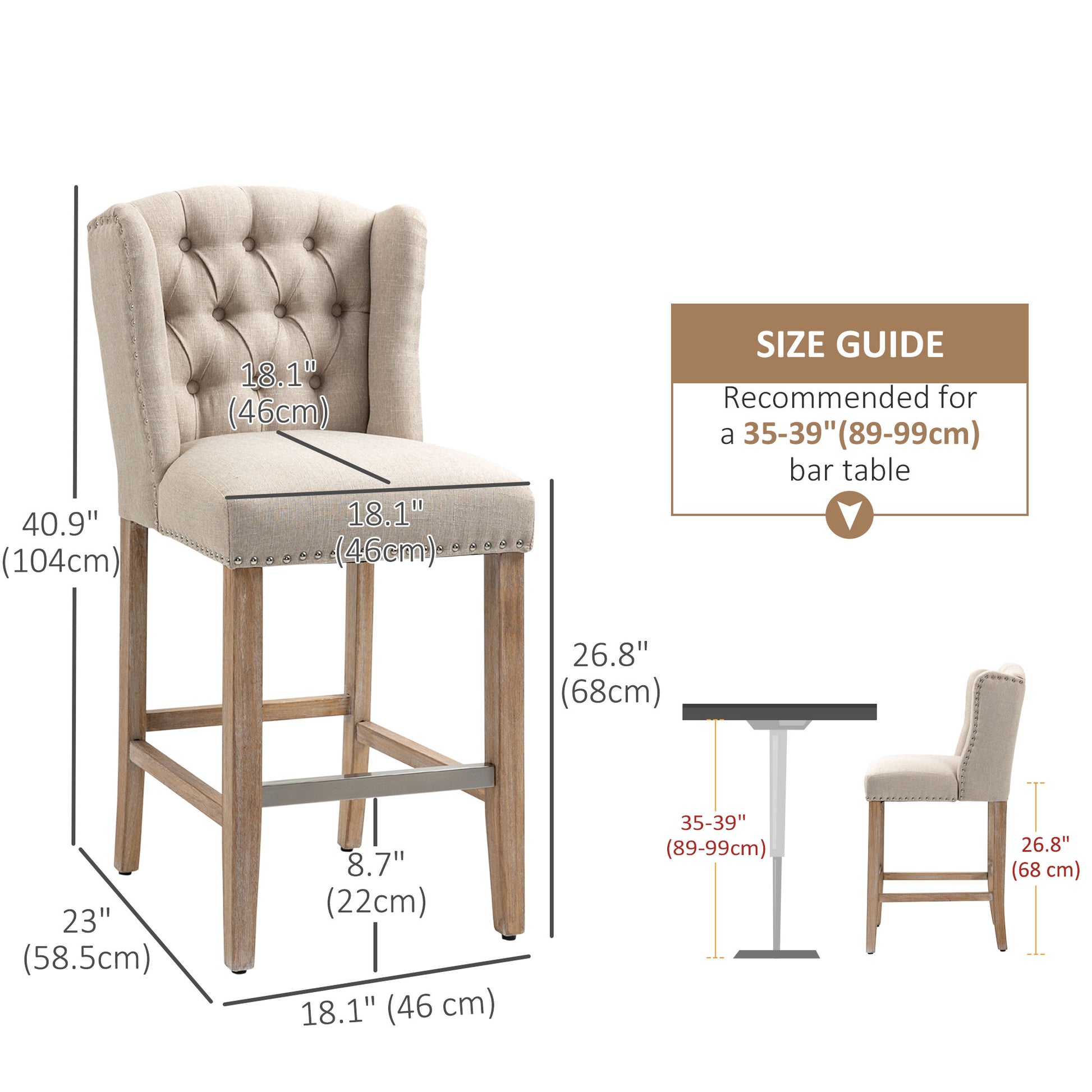 Counter Height Bar Stools Set of 2, Upholstered Bar Chairs with Nailhead Backrest and Footrest, Modern Barstools for Kit