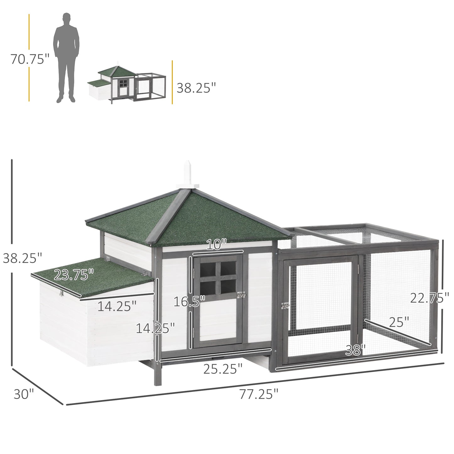 77" Chicken Coop Hen House Rabbit Hutch Poultry Cage Pen Outdoor Backyard with Nesting Box Run White and Dark gray