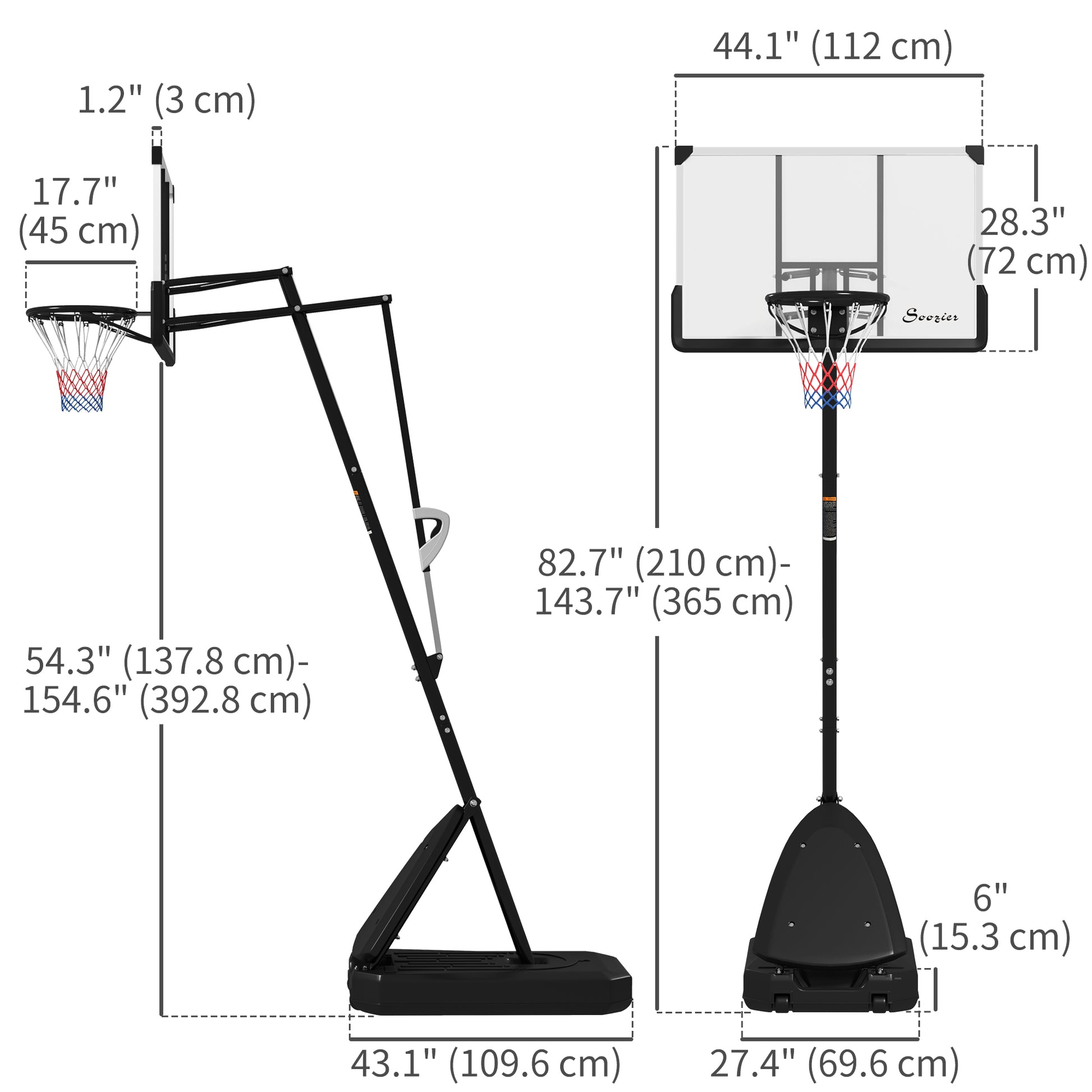 Soozier Basketball Hoop Outdoor, 4.9-10ft Portable Basketball Goal with 44" Shatterproof Backboard, Rebound System, Whee