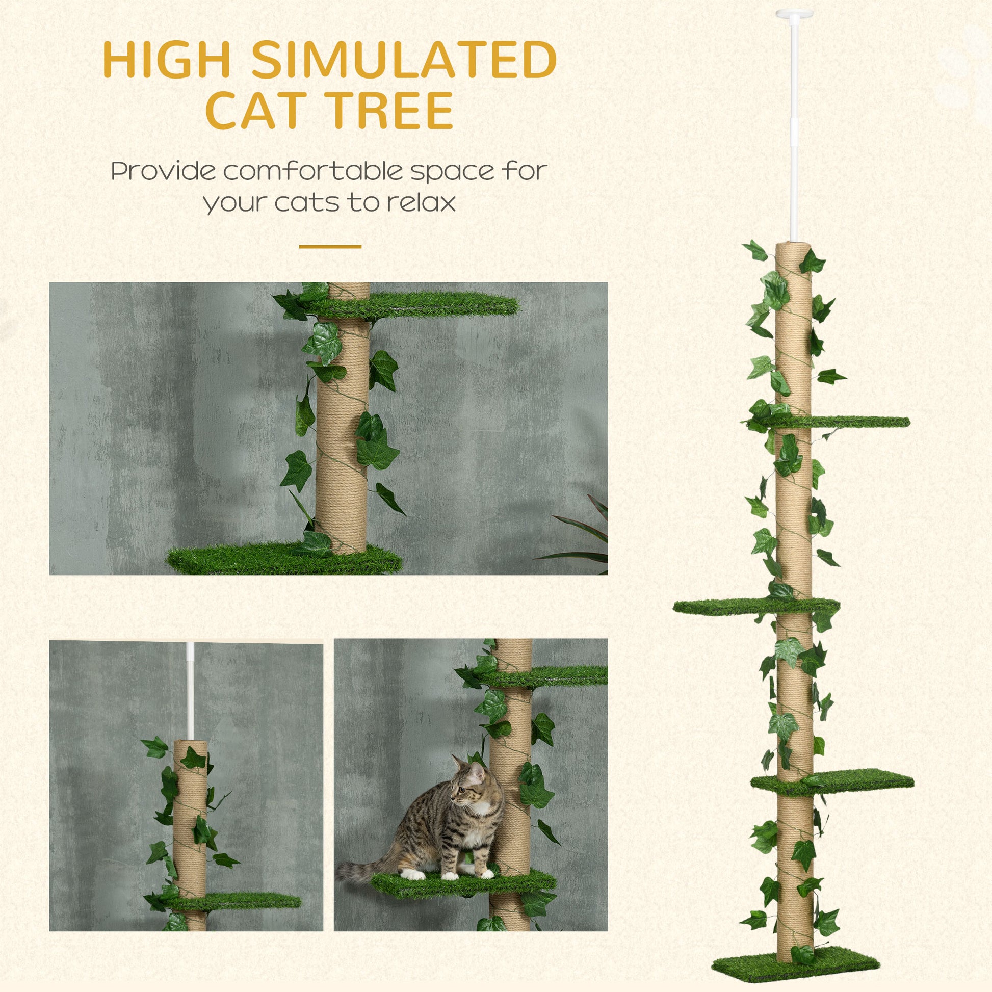 4-Tier Floor to Ceiling Cat Tree, Height(80-95Inches)Adjustable, Tall Cat Tower w/ Anti-Slip Kit, Leaves, Multi-Layer Ac