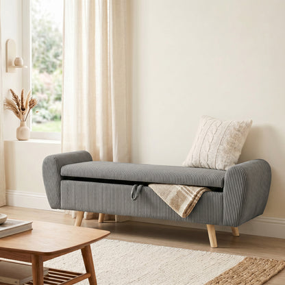 Storage Ottoman, 59" Corduroy End of Bed Storage Bench for King Size Bed with Wooden Legs and Rolled Arms, Dark Grey