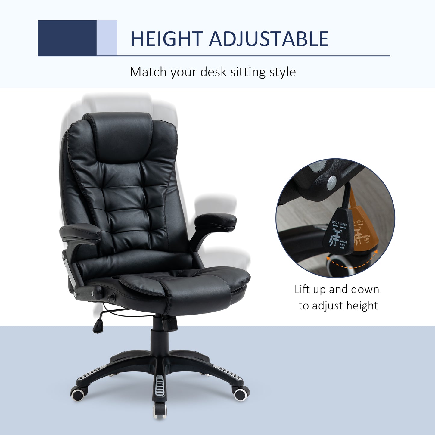 Executive Chair PU Leather Recliner Office Chair, with Swivel Wheels, Arm, Adjustable Height, High Back, Black