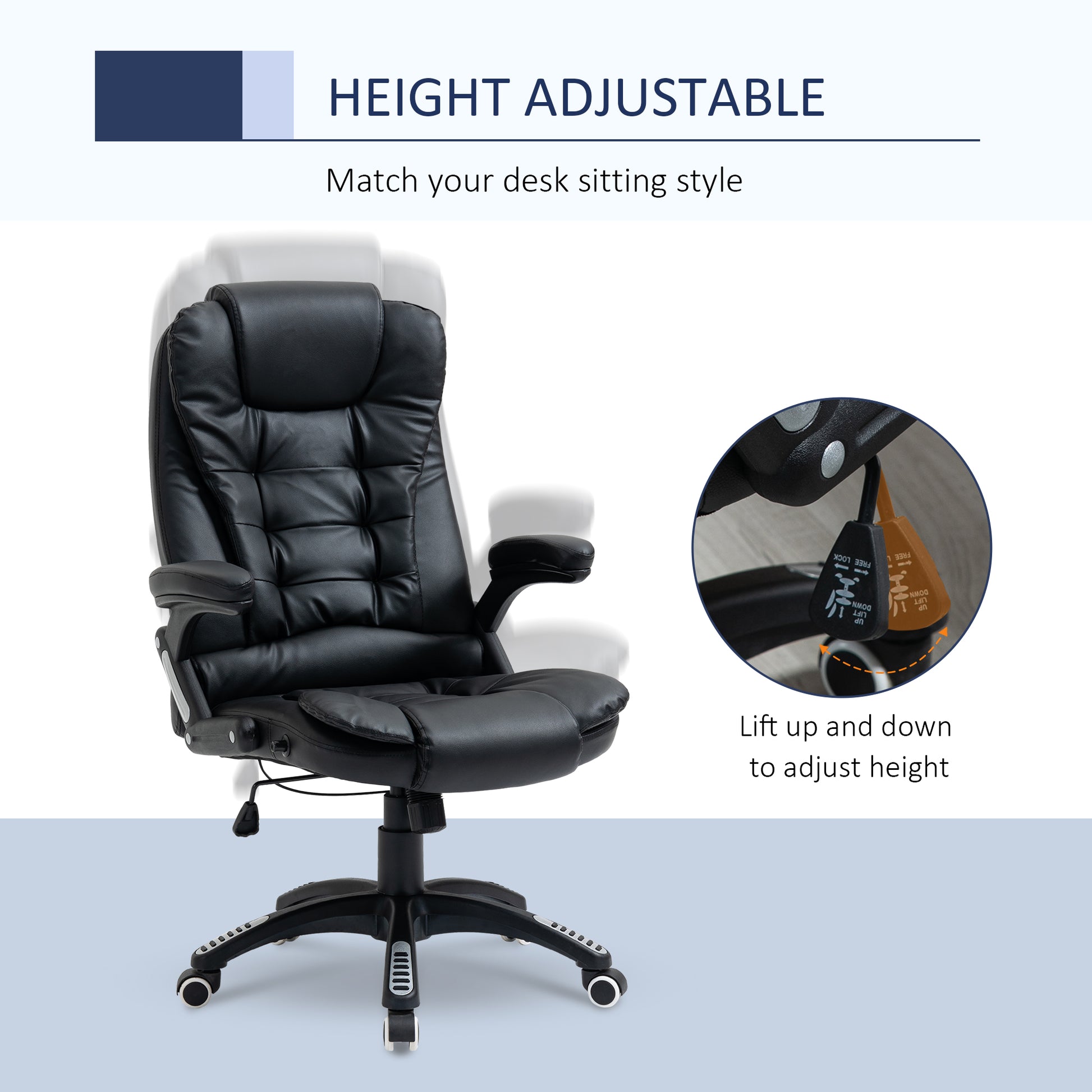 Executive Chair PU Leather Recliner Office Chair, with Swivel Wheels, Arm, Adjustable Height, High Back, Black