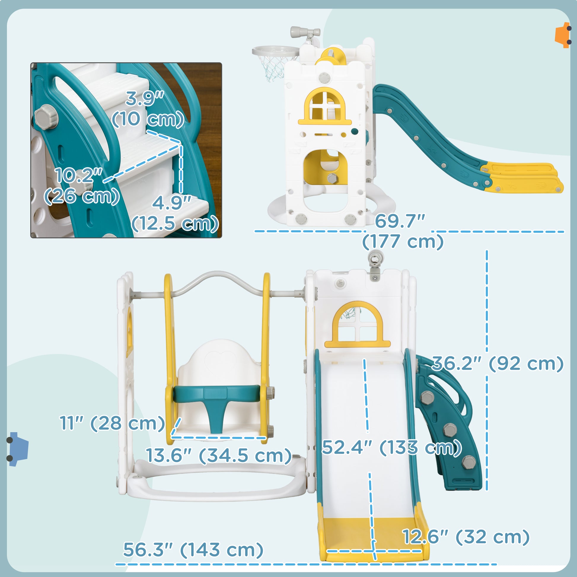 Qaba 6-in-1 Slide and Swing Set Baby Swing Playset Indoor with Basketball Hoop, Climber, Storage Space, Telescope, Yello
