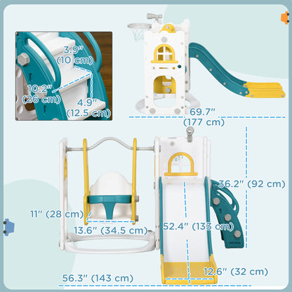 Qaba 6-in-1 Slide and Swing Set Baby Swing Playset Indoor with Basketball Hoop, Climber, Storage Space, Telescope, Yello