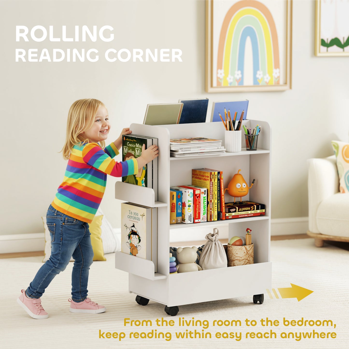 Qaba Kids Bookshelf, Kids Bookcase with Wheels & Blackboard, for Nursery, Kids Room, Playroom, for 3-8 Years