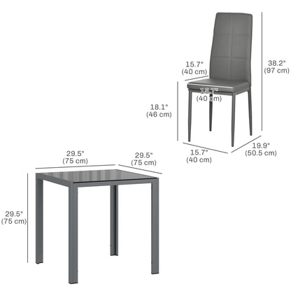 3-Piece Rectangular Glass Kitchen Table and Chairs with Metal Frame and Faux Leather Upholstery for Dining Room, Grey