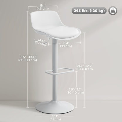 Counter Height Bar Stools Set of 2, Streamlined Bar Chairs with Adjustable Height and Swivel PU Leather Seat, White